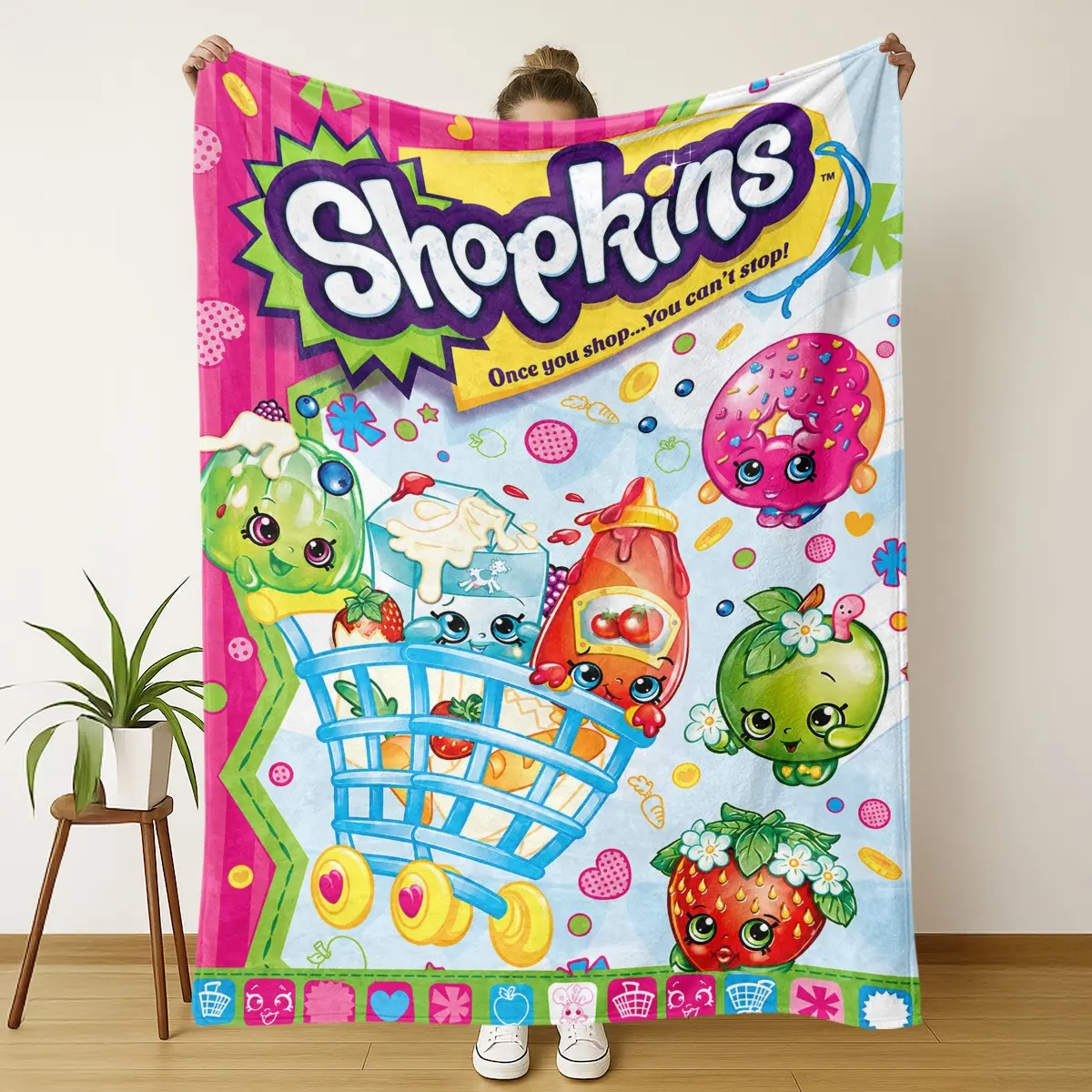 Shopkins Cartoon Blanket, Soft Flannel Throw Blanket, Cute Shopping Friends Fleece Blanket for Sofa Bed Couch Gift, Cozy Home Decor