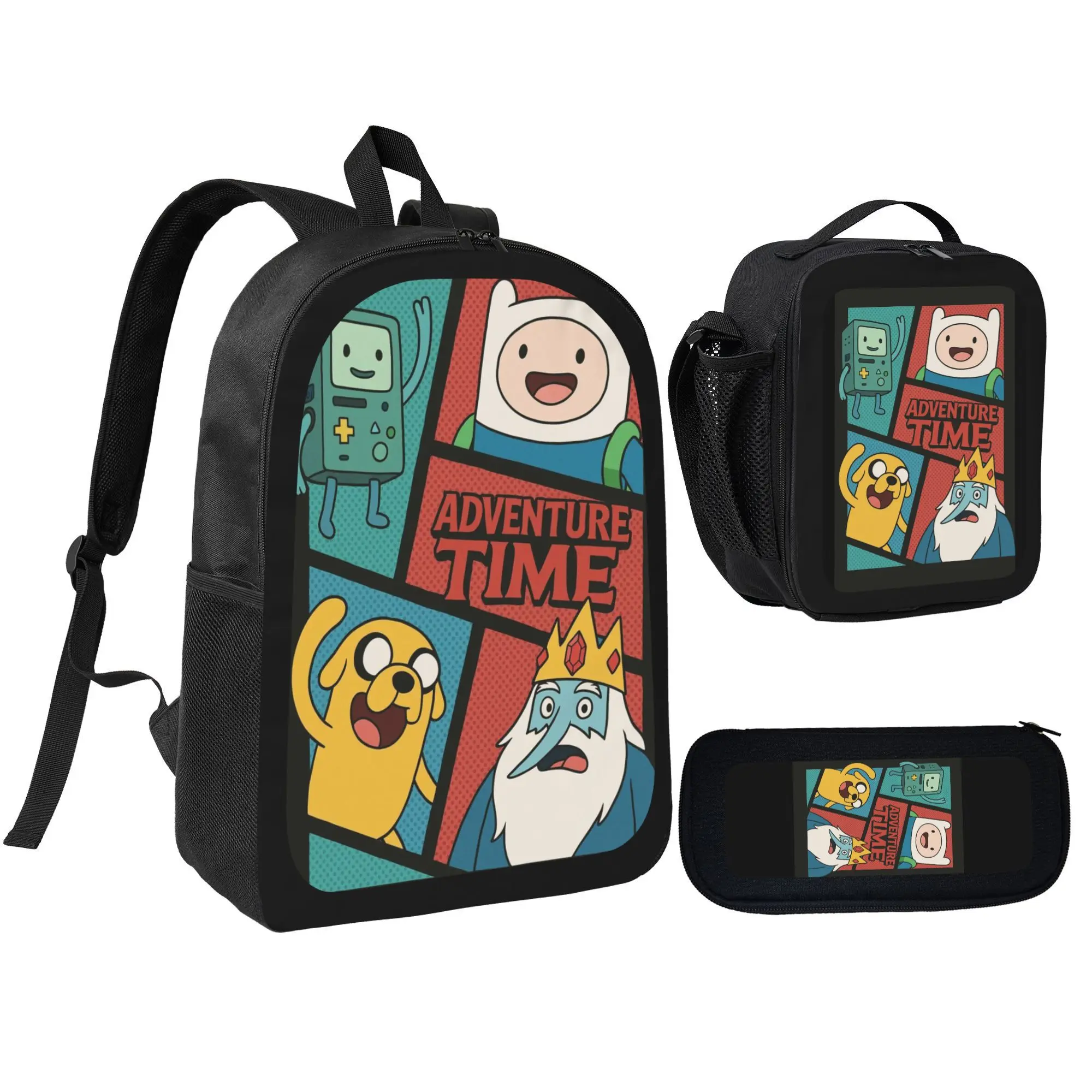 3Pcs Unisex backpack with lunch bag and pencil box, Anime Adventure Time Print backpack set for kids teens, school bag for girls boys, Casual, Daily Commuting, and Sports Essentials, Perfect Gift