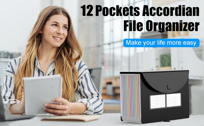 Accordion File Organizer, 12 Pocket Expanding File Folder with Label, Portable Monthly Bill Receipt Organizer, Document Storage Organizer, Expandable Desktop File Keeper, Letter/A4 Size