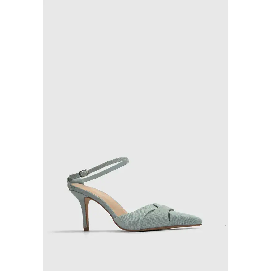 JUST FAB Women's Light Wash Denim Slingback Heels - Pointed Toe Stiletto Pumps, Breathable Cutouts, Adjustable Buckle Closure, Everyday Wear Wedding Guest Shoes, Wedding Guest Dresses