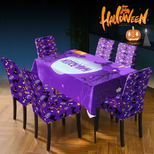 Halloween table and chair decoration, featuring a ghost cemetery with bats flying and moonlight reflecting on a rectangular tablecloth. The chair covers are reusable and suitable for Halloween restaurant decoration, making them perfect Halloween gifts!