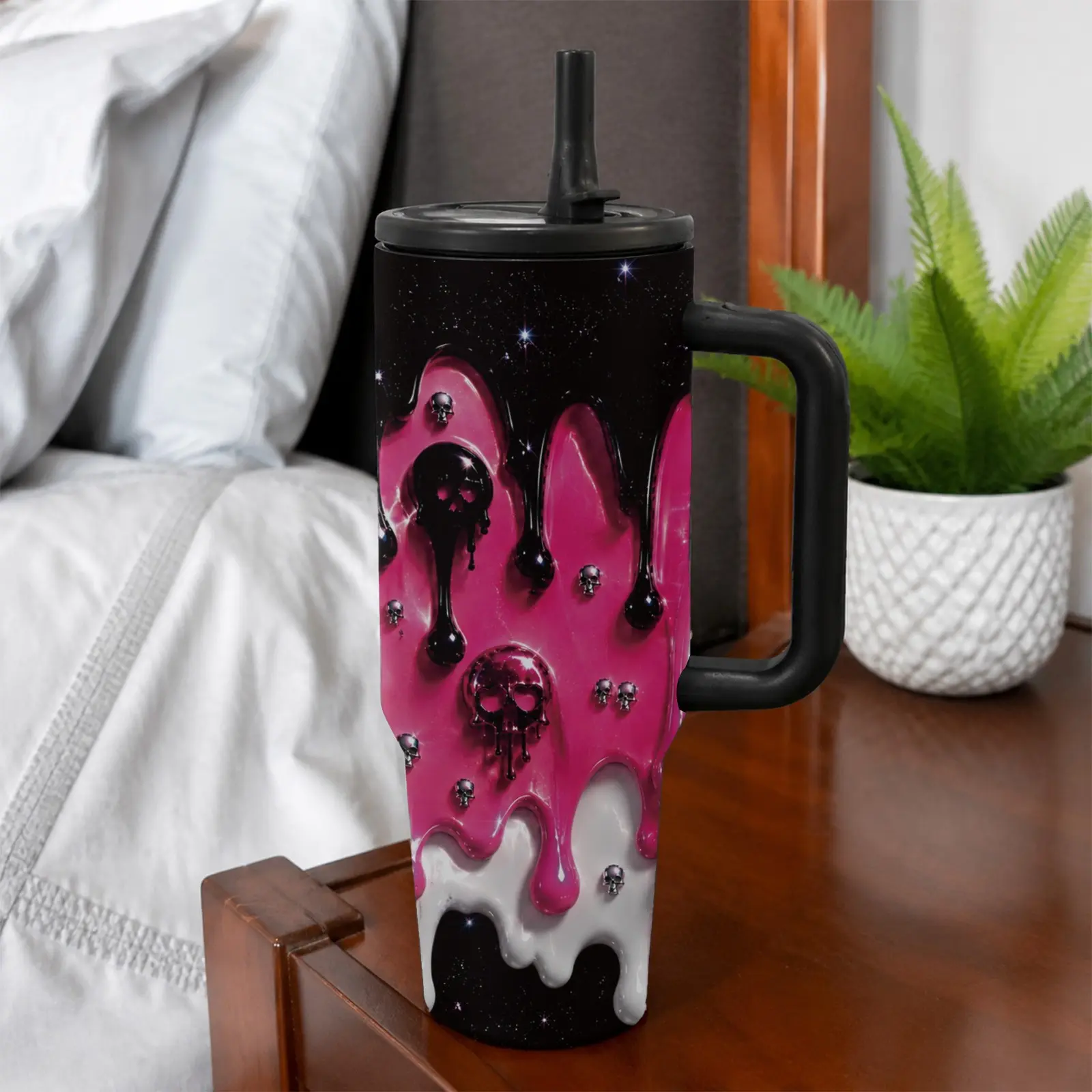 1PC Pink Fright Night 40oz Stainless Steel Tumbler with Handle and Straw Lid, Pink Black Dripping Skull Print, Double Wall Insulated Travel Cup for Hot & Cold Drinks, Halloween, Car, Work, Travel and Daily Hydration, Spooky Cute Gift for Women