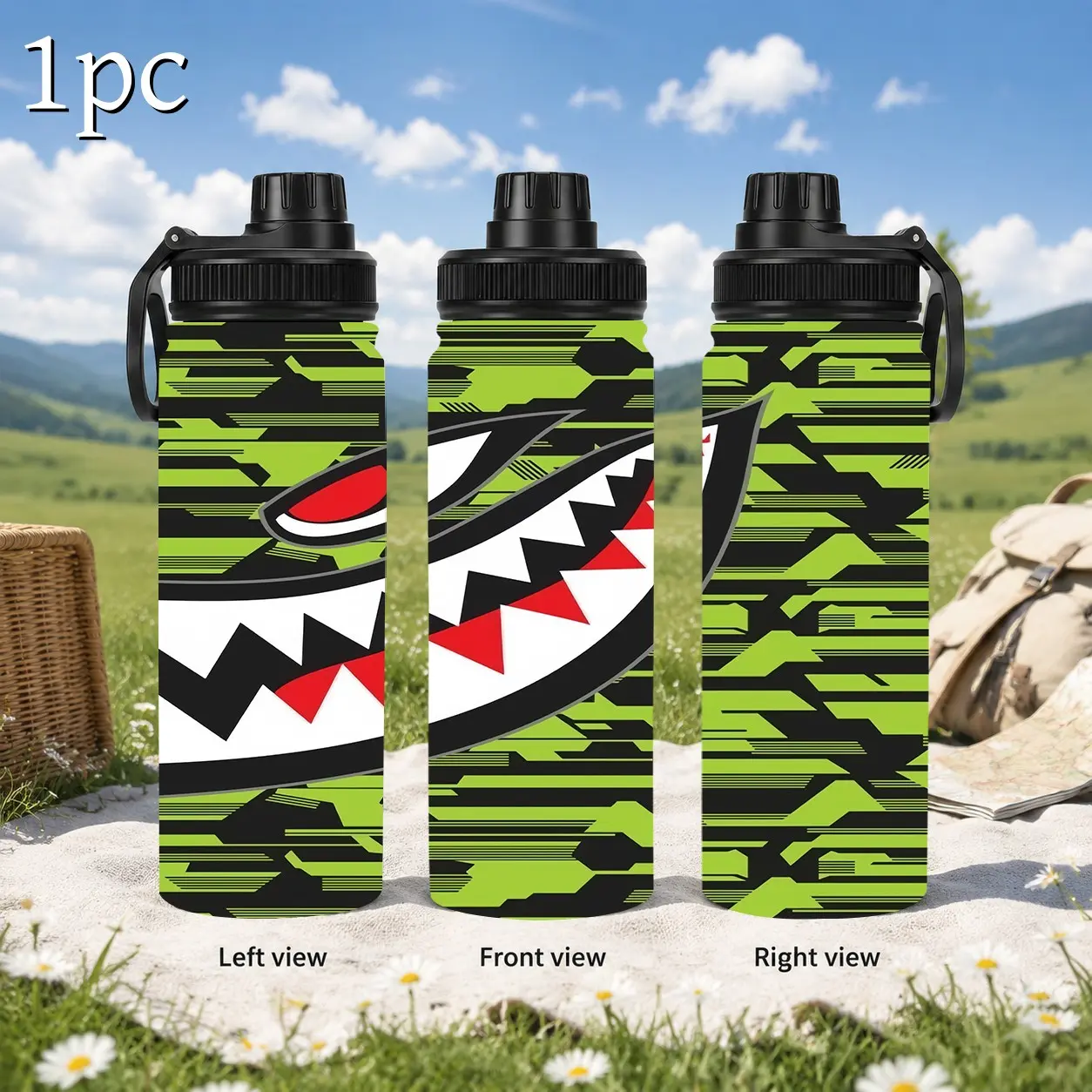 1pc 20oz Stainless Steel Insulated Sports Water Bottle, Drinkware, Green Black Camo Shark Mouth Graphic, Screw‑On Lid With Carry Loop, Double Wall Vacuum Leakproof Thermal Flask, Hot Cold Retention, For Camping Hiking Cycling, Gift For Boys Teens