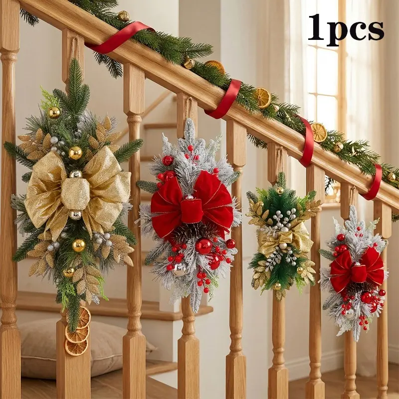 New Christmas Wreath, Vertical Teardrop Shape Artificial Flower Hanging Decor, Home Scene Decoration Ornament, Festive Holiday Accessory