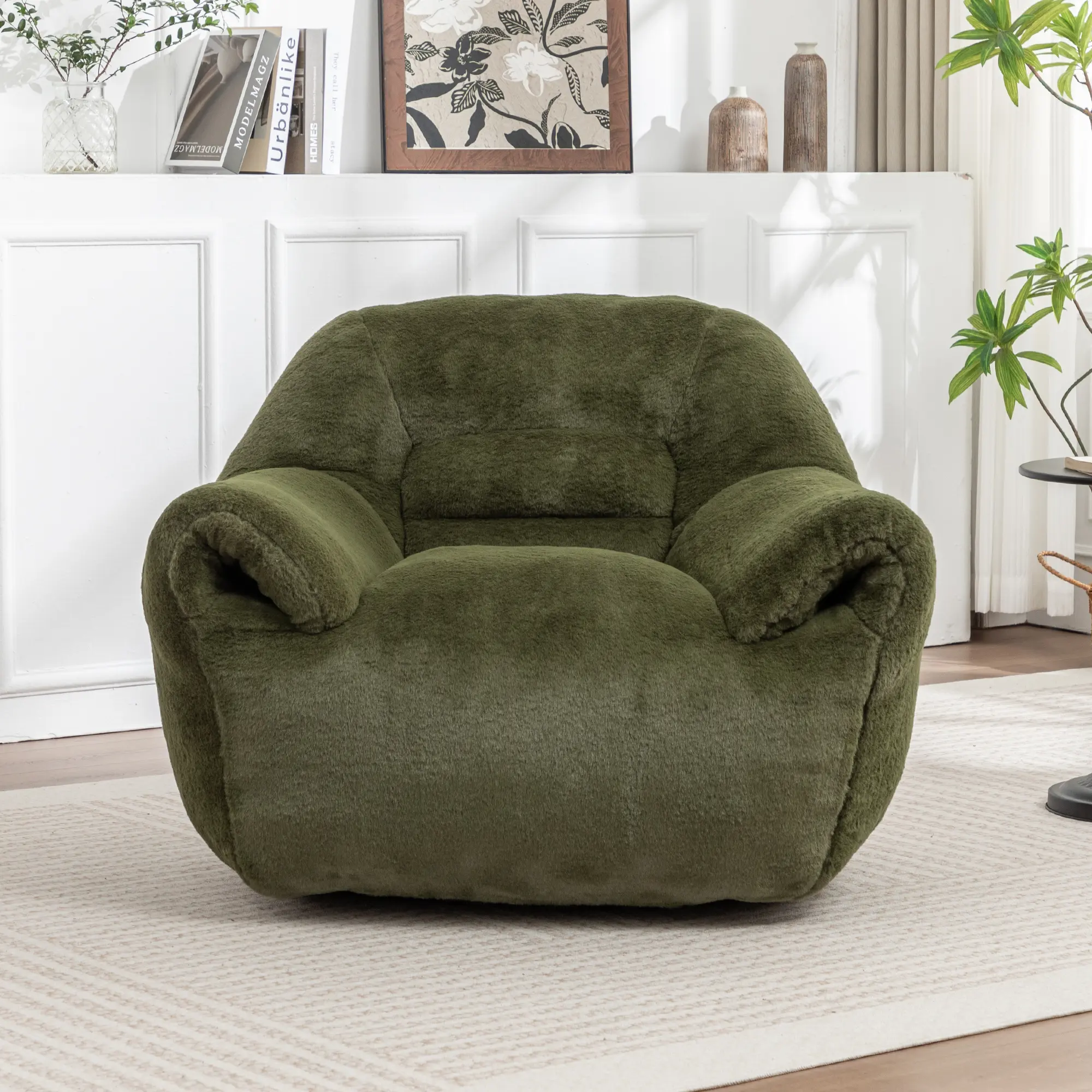 ARCH Bean Bag Chair Comfy Faux Fur Beanbag Sofa with Back Support Stuffed Floor Lounger for Adults Kids Living Room Bedroom Apartment Green Plush Cozy Seat, Living Room Furniture for Apartment, Lounge, Family Room, Office and Home Seating