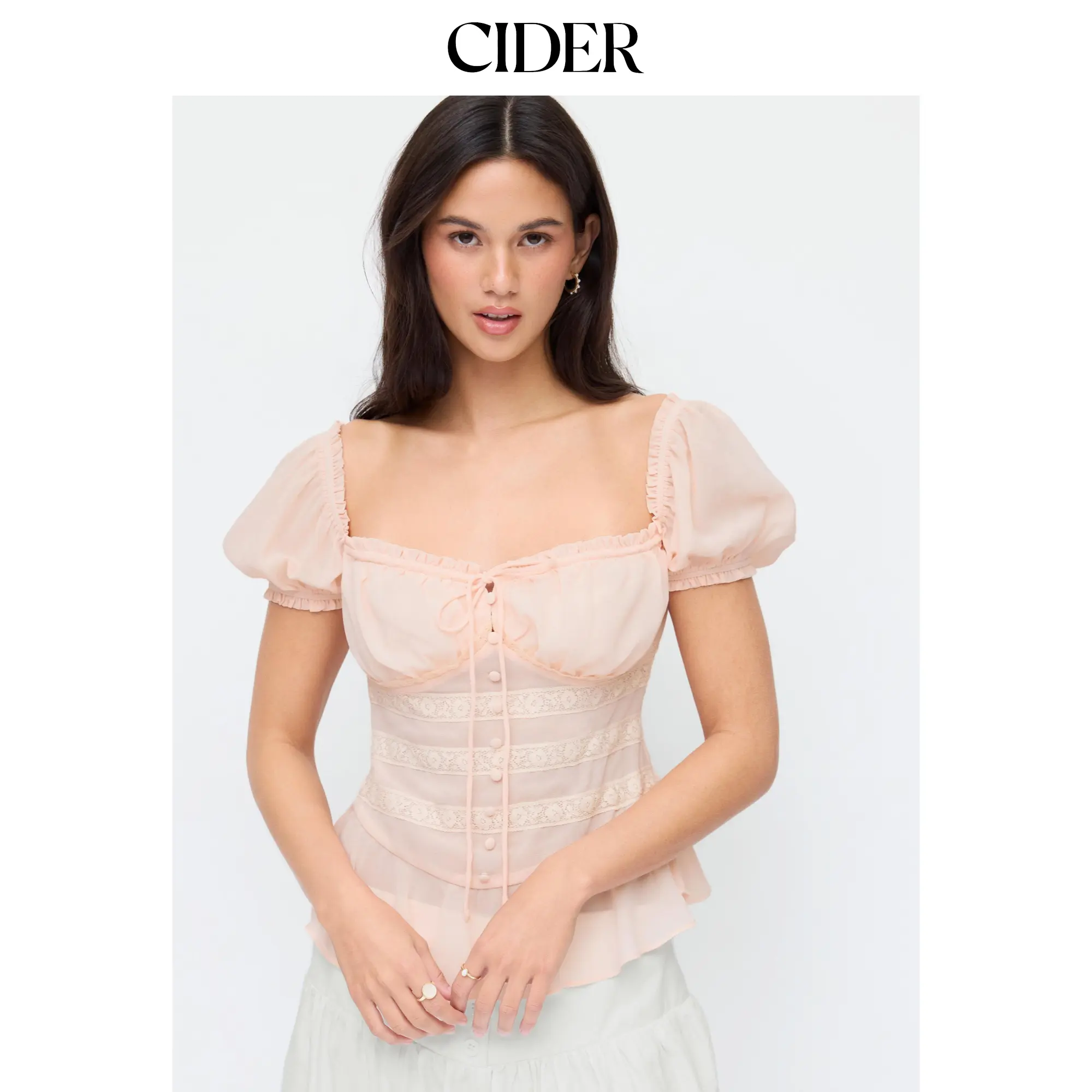 Cider Chiffon Sweetheart Puff Sleeve Lace Panel Ruched Peplum Blouse SummerFinds