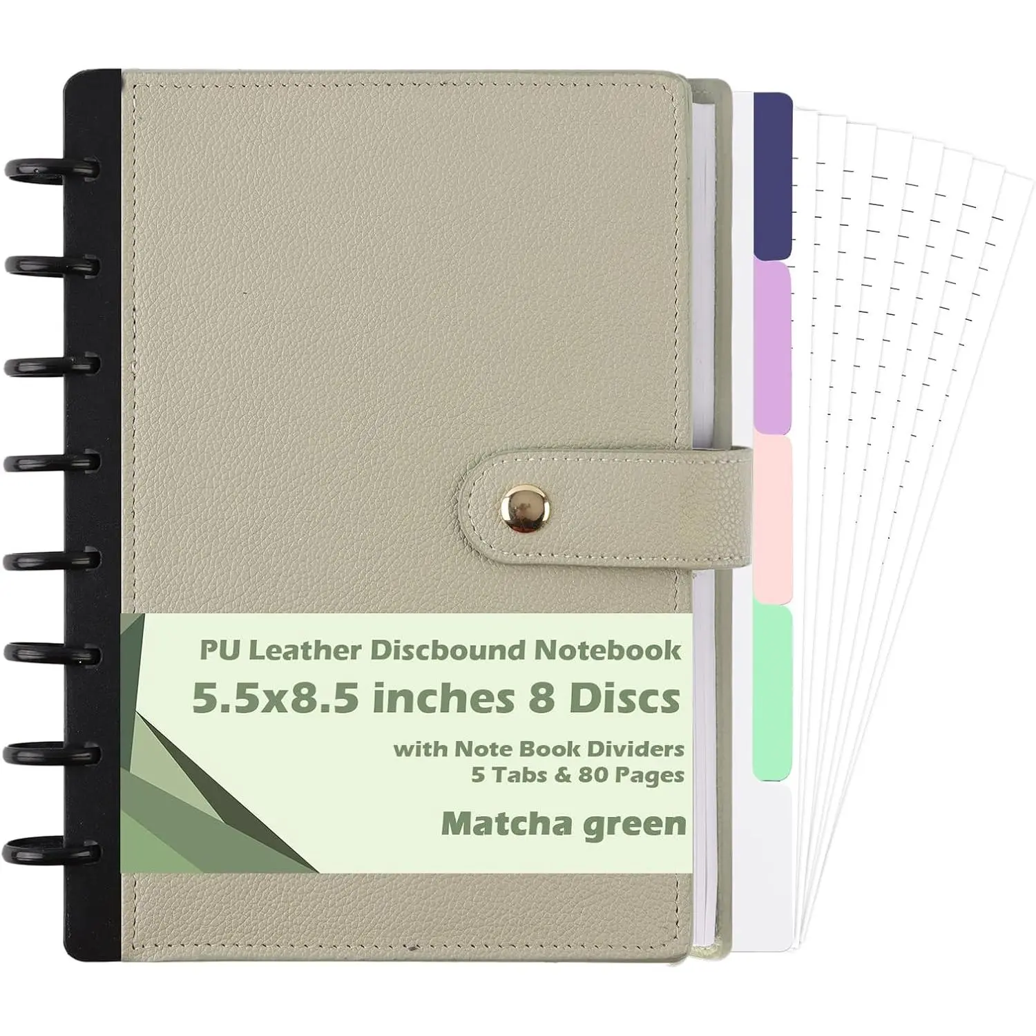 Lychee Grain PU Leather Discbound Notebook Cover, 5.5x8.5 Disc Planner Padfolio with Flexible Disks, 5-Tab Dividers, 80 Wide-Ruled Pages, Page Rearrangement for Work & Travel Note Taking (Matcha Green)