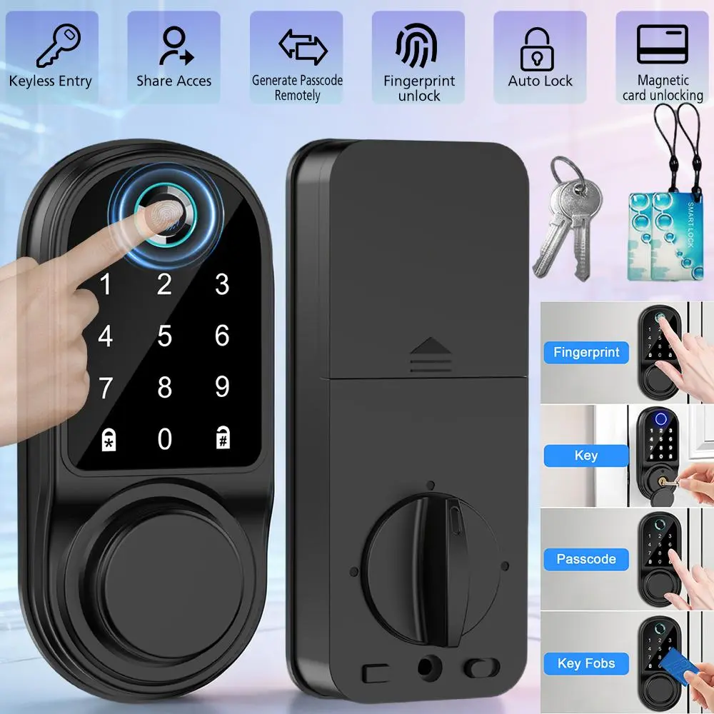 【Fall Deals For You】5-in-1 Biometric Security Electronic Door Lock - 0.3s Unlock, 100 Fingerprints & Passcodes, Keypad, Bluetooth App Control, Auto Lock, Keys + Card, Keyless Entry Solutions for Front Doors