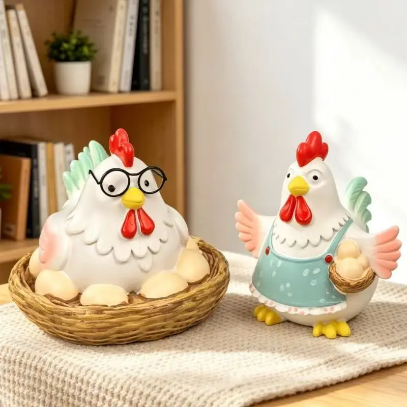 Cute Farmhouse Resin Hen Figurine Set, Cartoon Chicken Statue with Nest & Eggs, Farm Animal Sculpture, Home Decor, Easter Gift