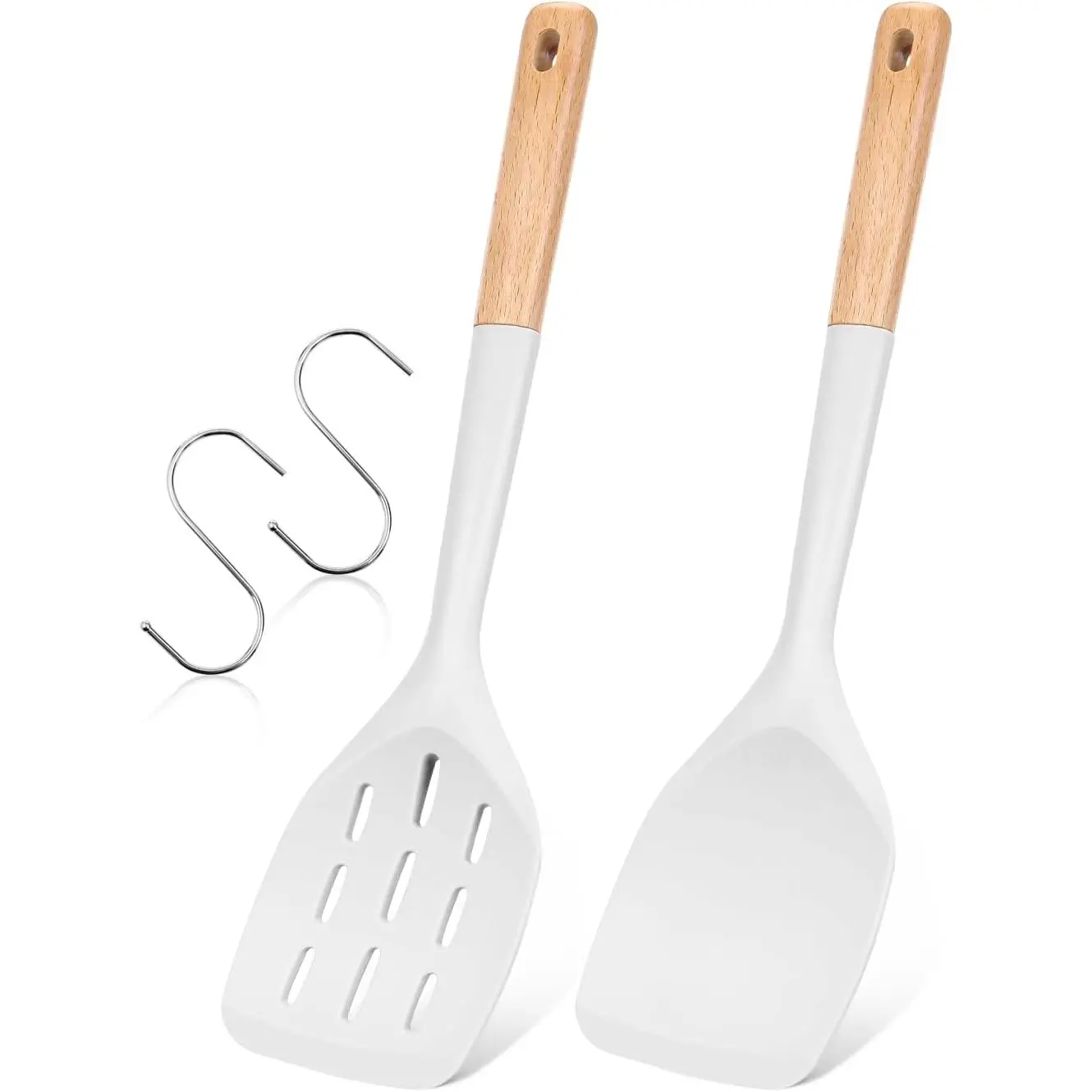 Spatula, Non Stick Turner for Cooking,  Grade, White | Heat Resistant, Flexible , 2 Pack Wooden Handle Kitchen Turner for Baking Mixing Grilling Serving