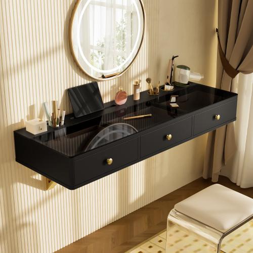 [Bellemave]GO 47" Floating Shelf with Drawer, Multi-Purpose Wall-Mounted Vanity Table, Mounted Desk, Floating Table for Bedroom, Bathroom, Hairdressers,  Beige and Golden