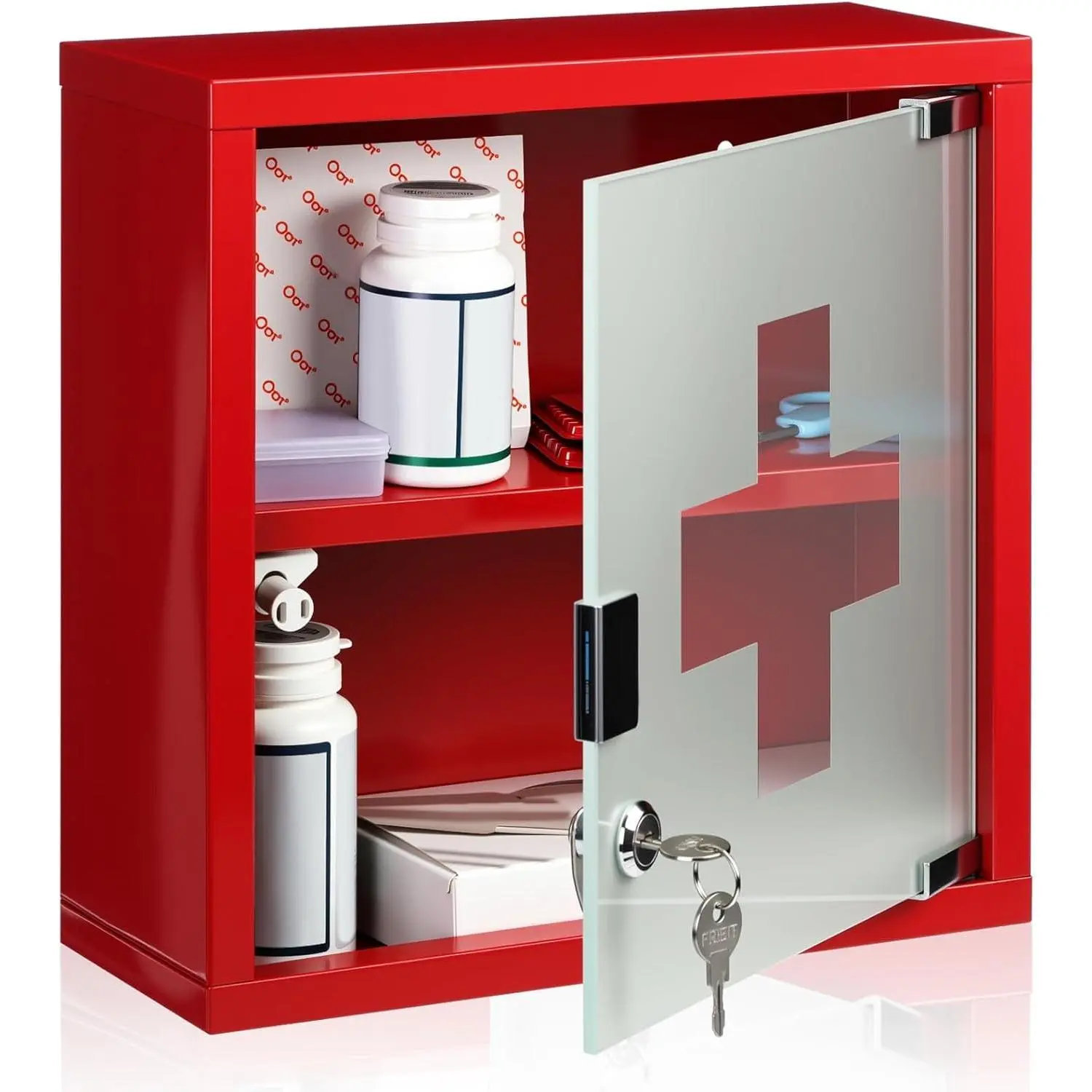 Lockable Wall Mounted First Aid Medicine Cabinet, 2-Shelf Hanging Medical Storage Cabinet with Safety Glass Door for Bathroom, Red