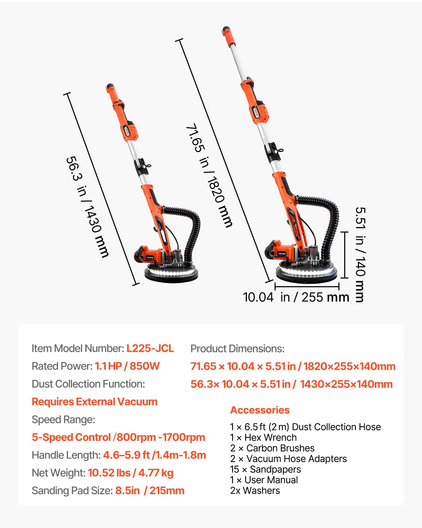 VEVOR Drywall Sander, 850W Electric Drywall Sander, Popcorn Ceiling Removal Tool with 5 Variable Speed 800-1700 RPM, Double-Deck LED Light, Foldable & Extendable Handle, 15 Sanding Discs, Dust Hose