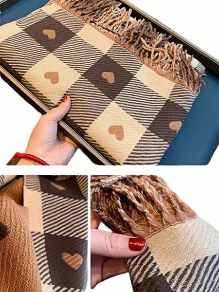 Plaid & Heart Pattern Tassel Decor Scarf, Elegant Soft Warm Thick Shawl for Women & Men, Fashion Accessories for Fall & Winter, Checkered Scarf