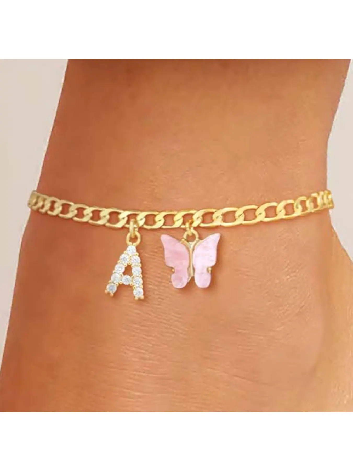 Ankle Bracelets for Women ；exquisite butterfly initial ankle bracelet Anklet handmade Cuban chain pink butterfly A-Z initial foot chain personalized summer beach jewelry gift for ladies and girls；DealsForYouDays