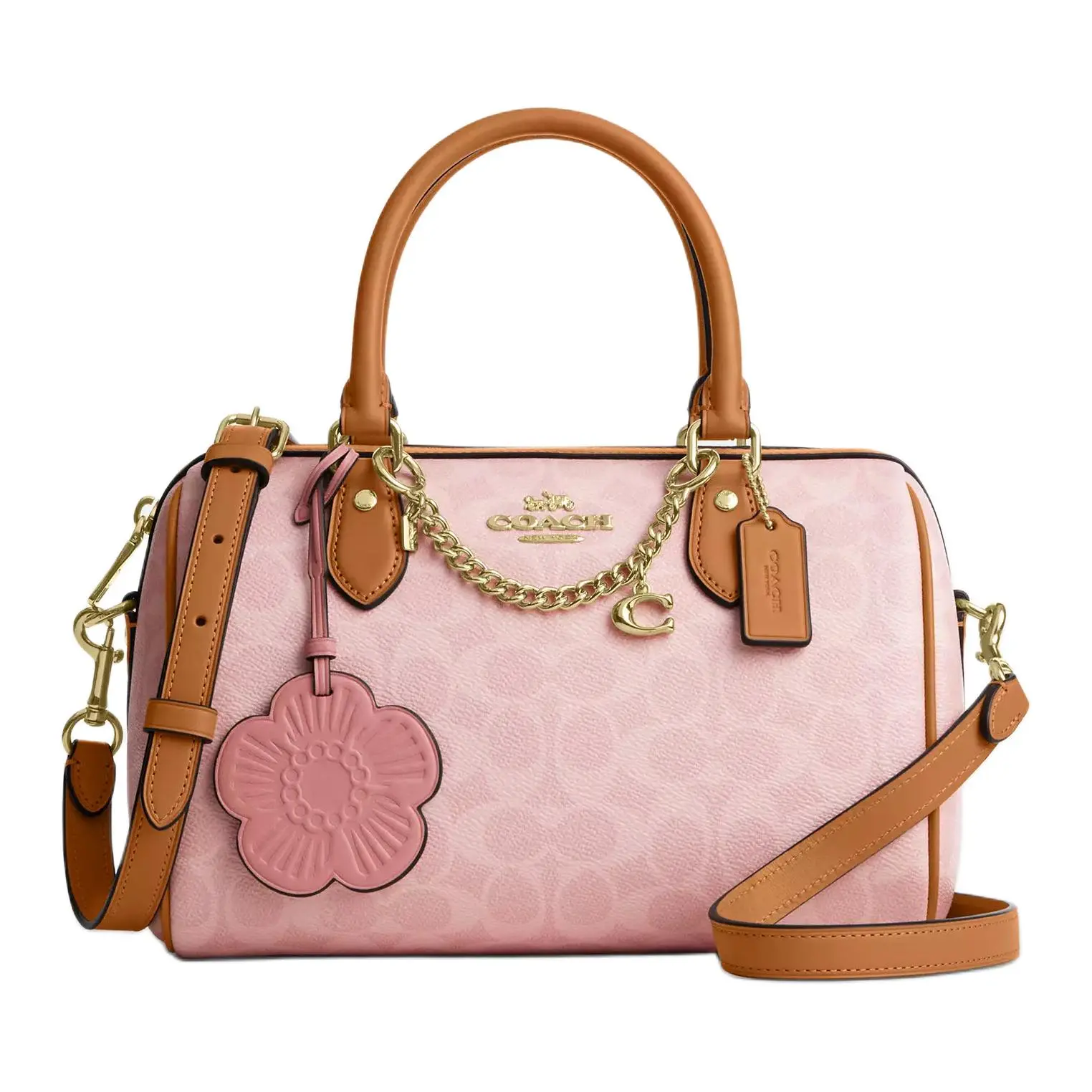 COACH Rowan 25 Satchel Handbag for Women – Metallic Gold Hardware, Coated Canvas, Medium Size, Pink