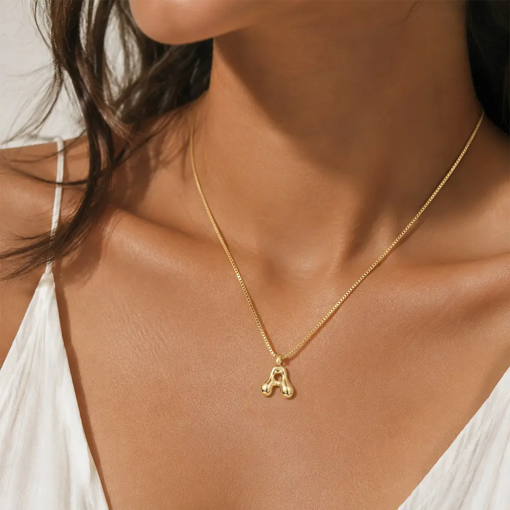 18K Gold Plated Chunky Gold Initial Letter Charm Pendant Necklace, Trendy Bubble Slide Glitter Pendants Necklace Birthday Gifts Versatile Daily Wear & Party Jewelry
