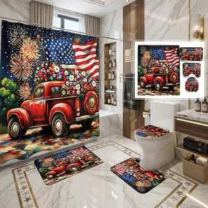 4th of July Patriotic Shower Curtain Set, Vintage Red Truck with American Flag & Fireworks,The floor mat fabric is thicker and softer!  Floral Bathroom Curtain with Matching Mats, Independence Day Home Decor, Decorative Flower