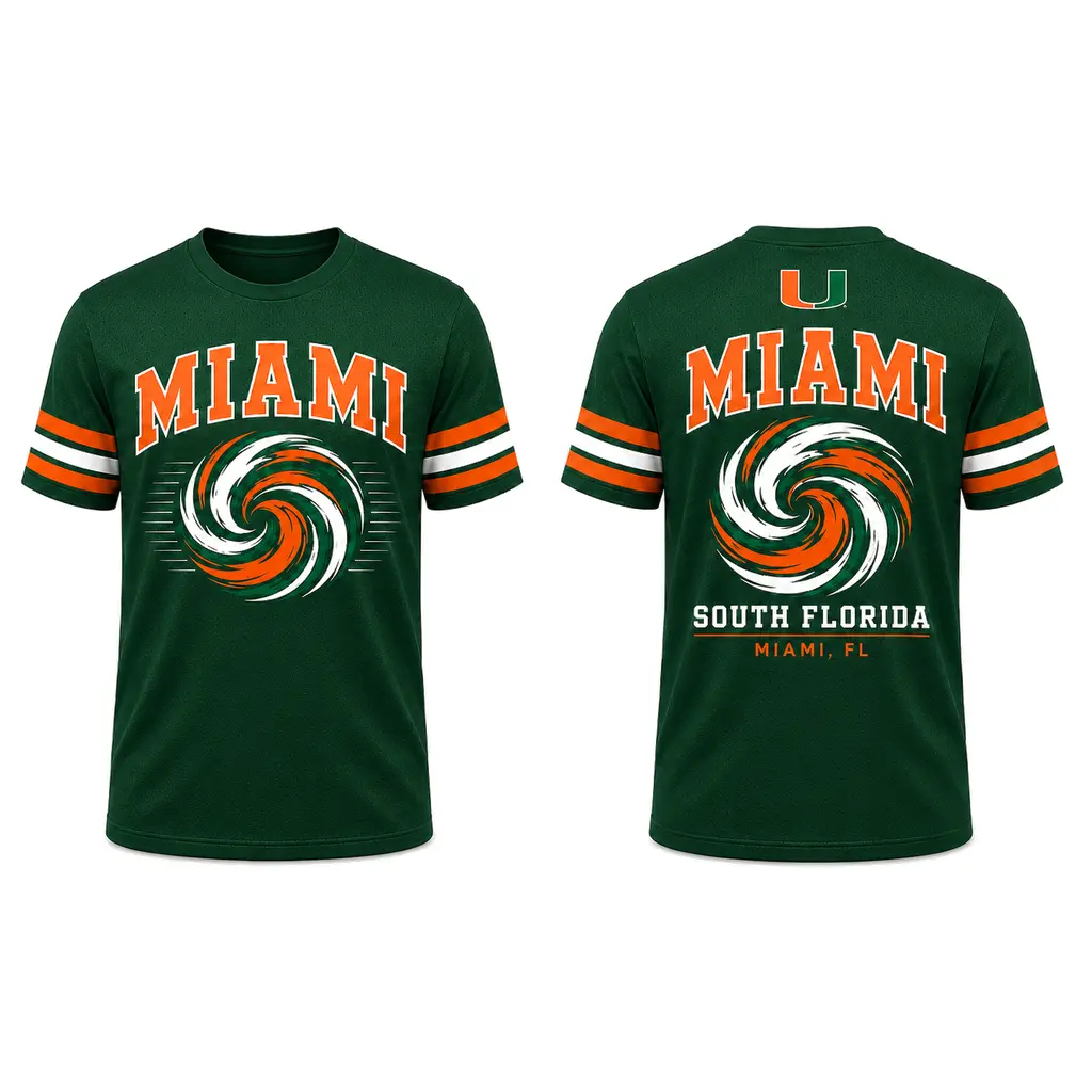 Miami Green Football Fan Shirt, Swirl Graphic Crew Neck Jersey, Front and Back Print