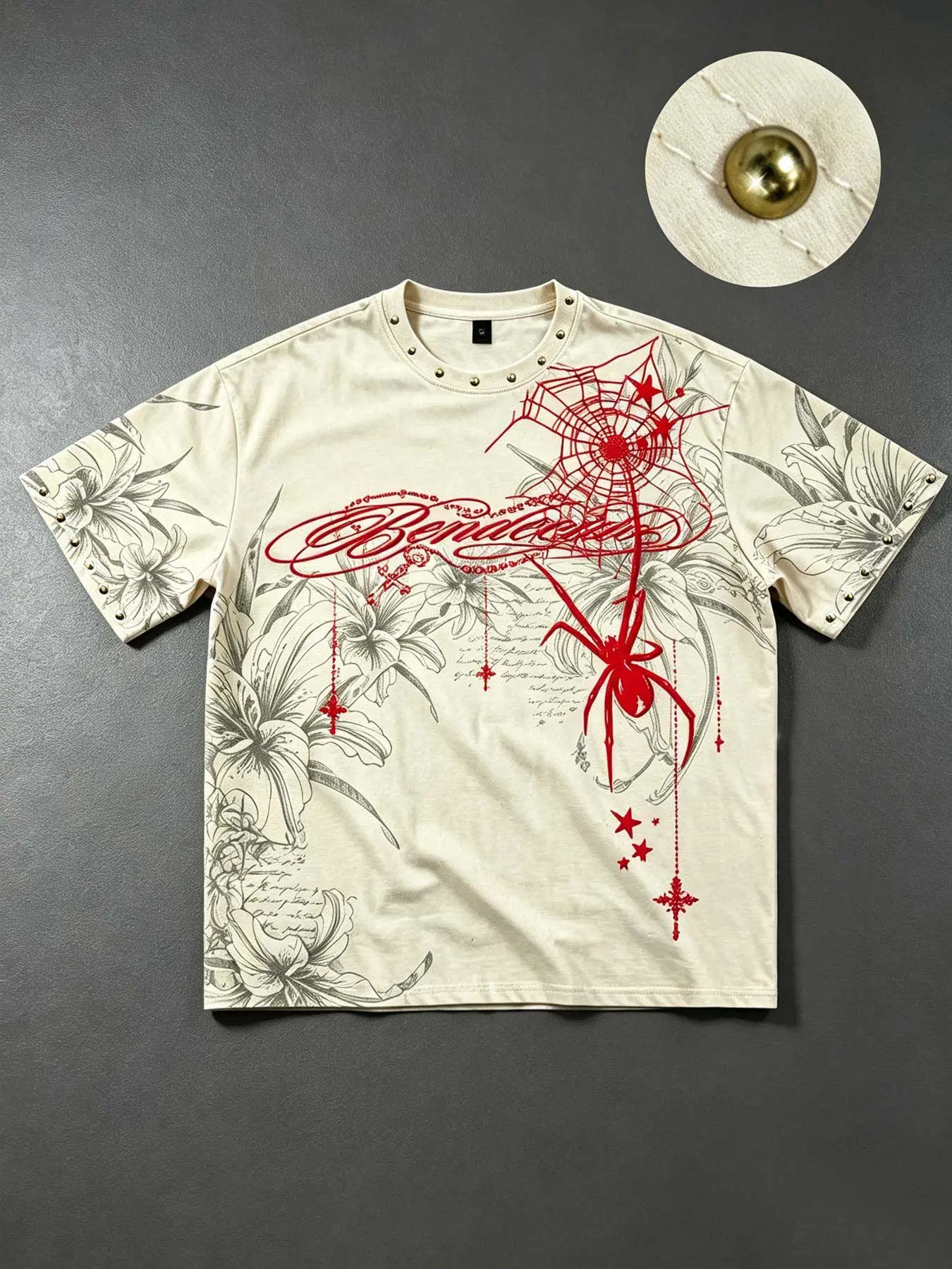 Red Spider Lily Cotton Men's Short-Sleeve T-Shirt, Unisex Y2K Style, Popular Style, Gold Rivet Trim, American Hip Hop Retro Floral Foam Spider Web Lettering Print Loose Short-Sleeve Top, Summer Street Style Men's Short-Sleeve T-Shirt, Vintage Graphic Tee