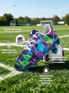 1 Pair Colorful Pixel Block Game Scene All-over Print Black Metal Stud Soccer Training Cleats, Video Game Cute Competitive Sports Style, White Trim Lace-up Anti-slip High Traction Long Stud Outsole, Special Football Boots For Teen Outdoor Lawn Competition
