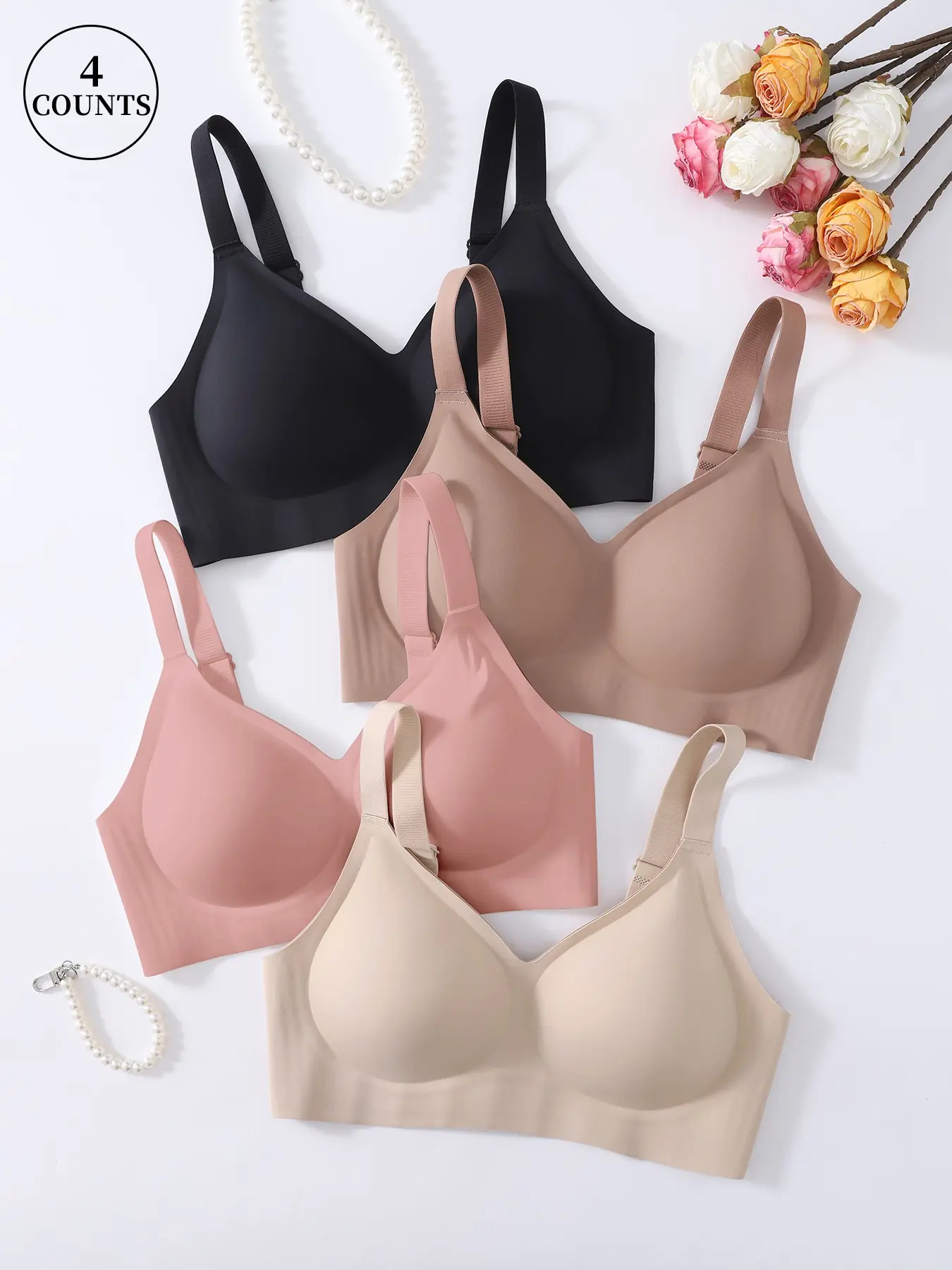 4 Pack Women Seamless Everyday Comfort Casual Wireless Bra, Breathable Jelly Soft Support Adjustable Straps Padded T Shirt Bra Medium