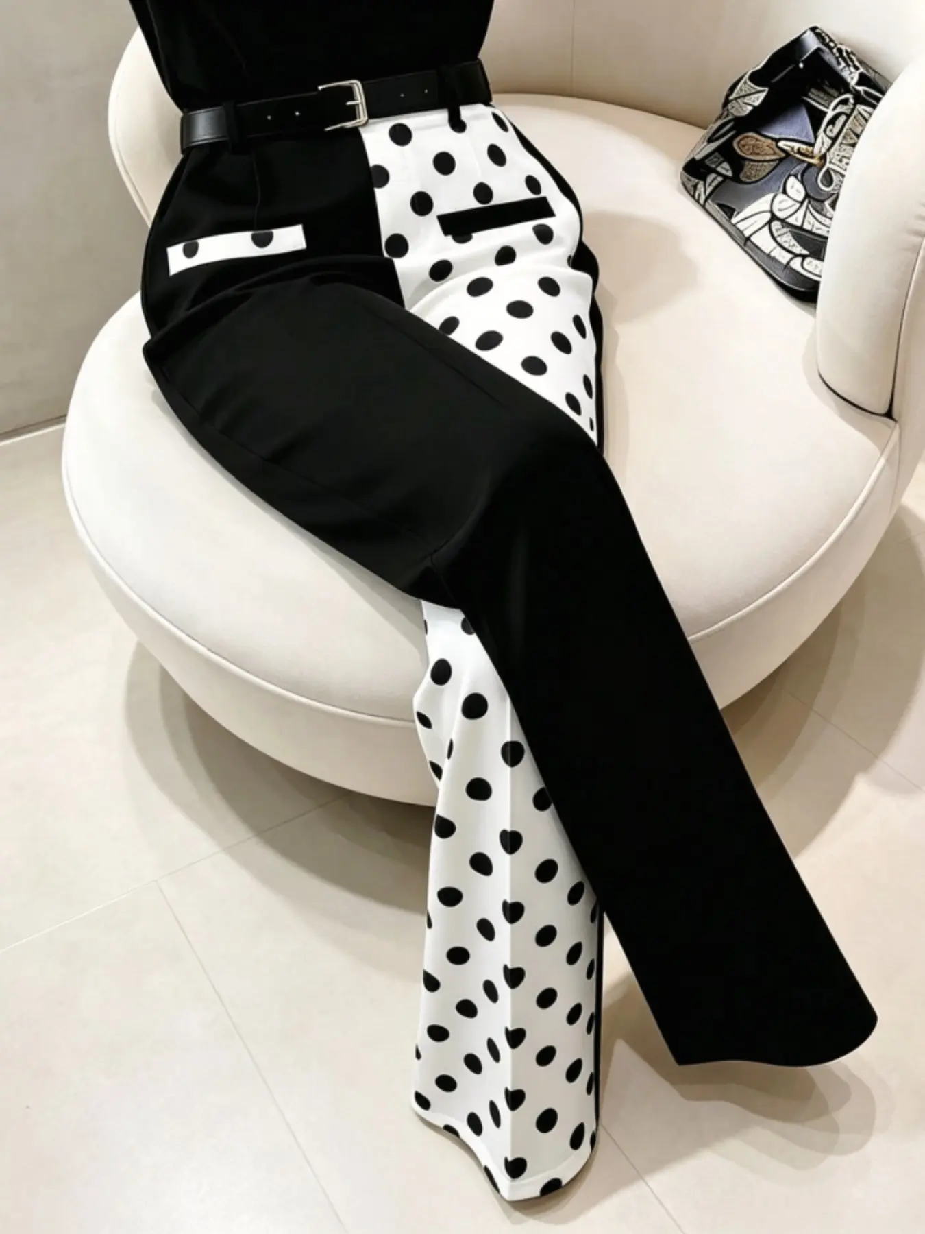 Plus Size Women's Summer Business Suit Pants Trouser, Polka Dot Asymmetrical High Waist Long Pants with Belt, Casual Office Wear