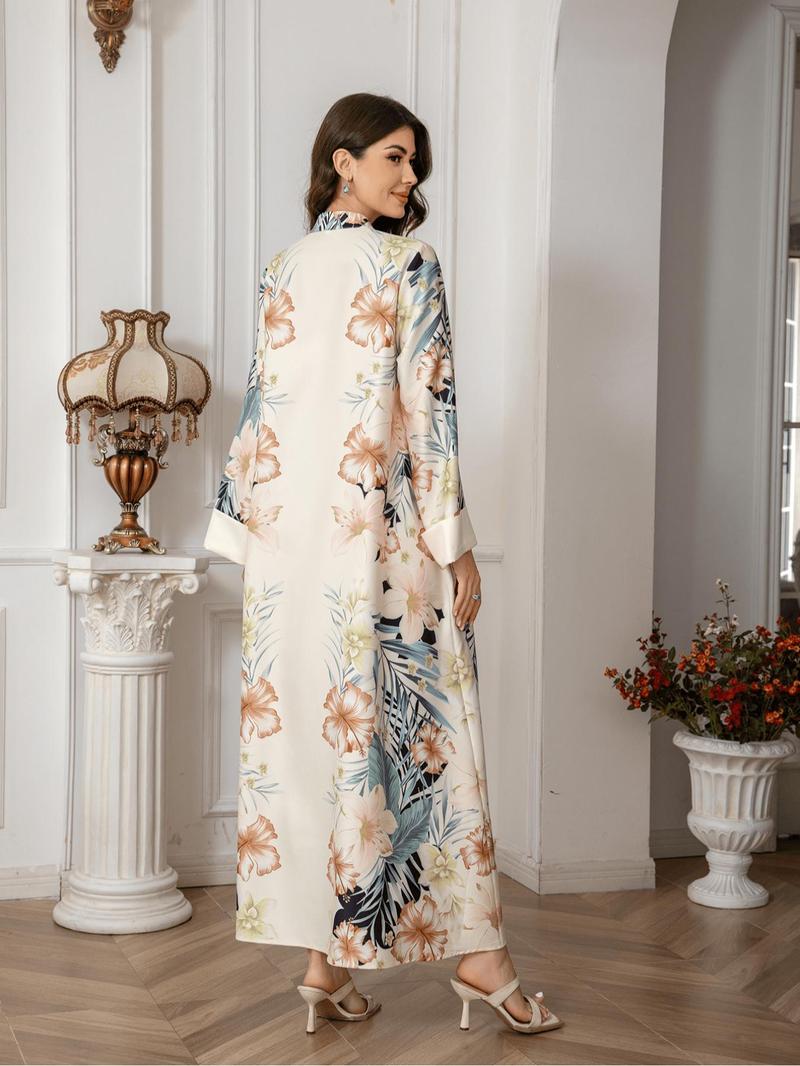 Women's Floral Print Long Sleeve Dress, Kaftan Dress, Elegant Fashion Casual Long Dress for Daily Outdoor Wear, Women's Islamic Clothing for All Seasons, Islamic Muslim Clothing, Modesty Muslim Clothing, Muslim Women Gowns