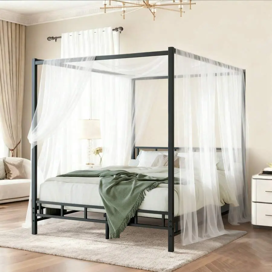 Black Metal Canopy Bed Frame - Full/Queen Size, Rust-Resistant Metal Slats Support, Durable, No Box Spring Needed, Easy Assembly Required, Storage Solutions, Indoor Bedroom Furniture Decor