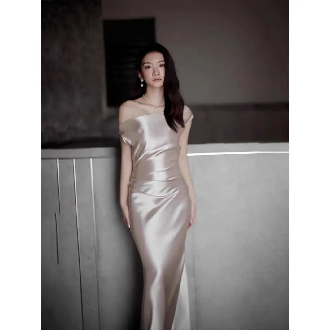Champagne Gold Off-Shoulder Evening Dress 2026 New Model Engagement Performance Host Dress Bodycon Dress