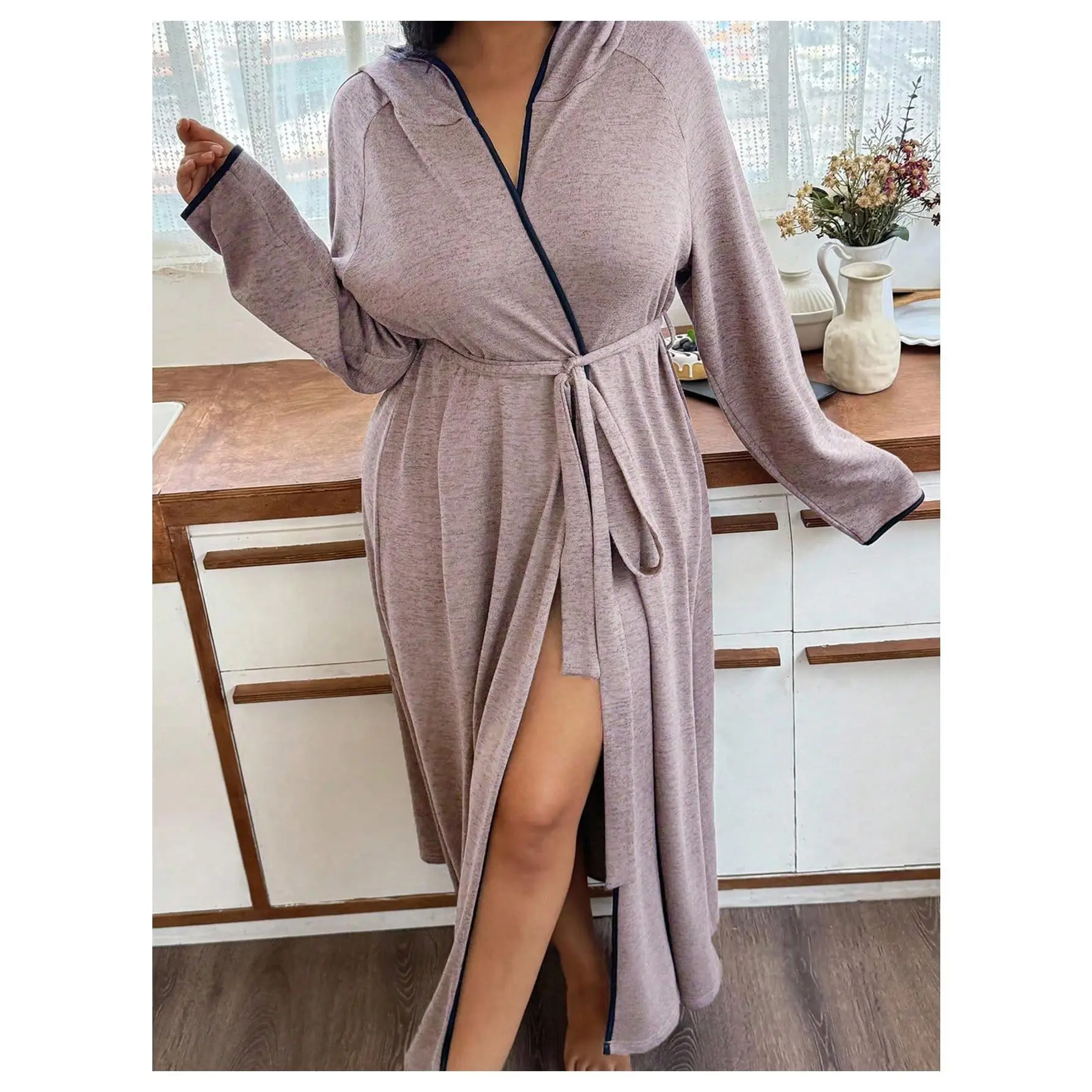Women's Plus Size Hooded Robes Long Sleeve Belted Long Kimono Bathrobe Loungewear