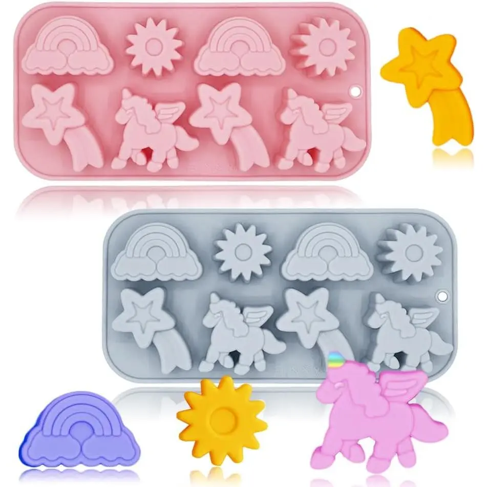 2 Pack Unicorn Molds Silicone 8 Cavity 3D Flying Unicorn Themed Baking Mould Tray with Cartoon Rainbow Meteors Sun for Kids' Party Chocolate Cake Topper Dessert Mousse Pastry Handmade Soap Crayons
