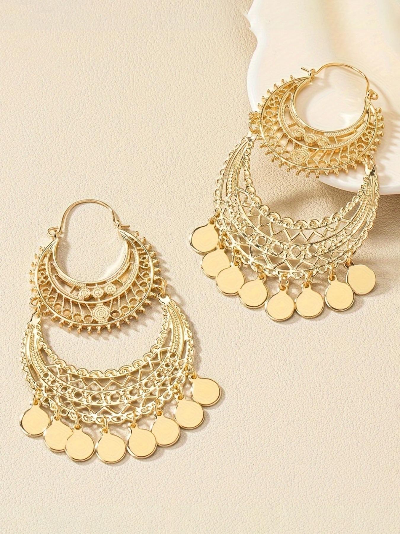 Boho Style Hollow Out Design Tassel Dangle Hoop Earrings, 1 Pair Fashion Jewelry for Party, Daily Clothing Decor, Trendy All-match & Exquisite Jewelry for Birthday Gift