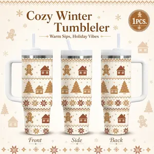 Neutral Gingerbread Man Christmas Knit Sweater Vacuum Flasks 40oz Stainless Steel Vacuum Insulated Tumbler with Handle & Straw | Long-Lasting Cold & Heat Retention, Leak-Resistant | For Iced Coffee, Water, Office, Gym & Travel