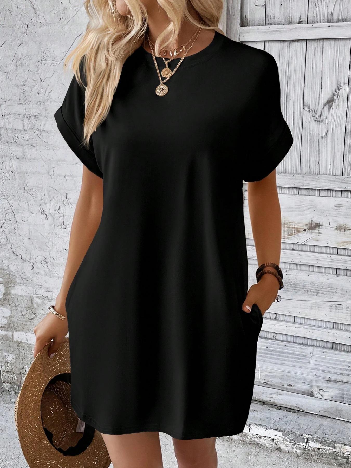 Women's Plain Pocket Batwing Sleeve Tee Dress, Casual Round Neck Roll Up Sleeve Dress for Summer, Fashion Women's Dress Loose Women's Plain Pocket Batwing Sleeve Tee Dress, Casual Round Neck Roll Up Sleeve Dress for Summer, Fashion Women's Dress Loose