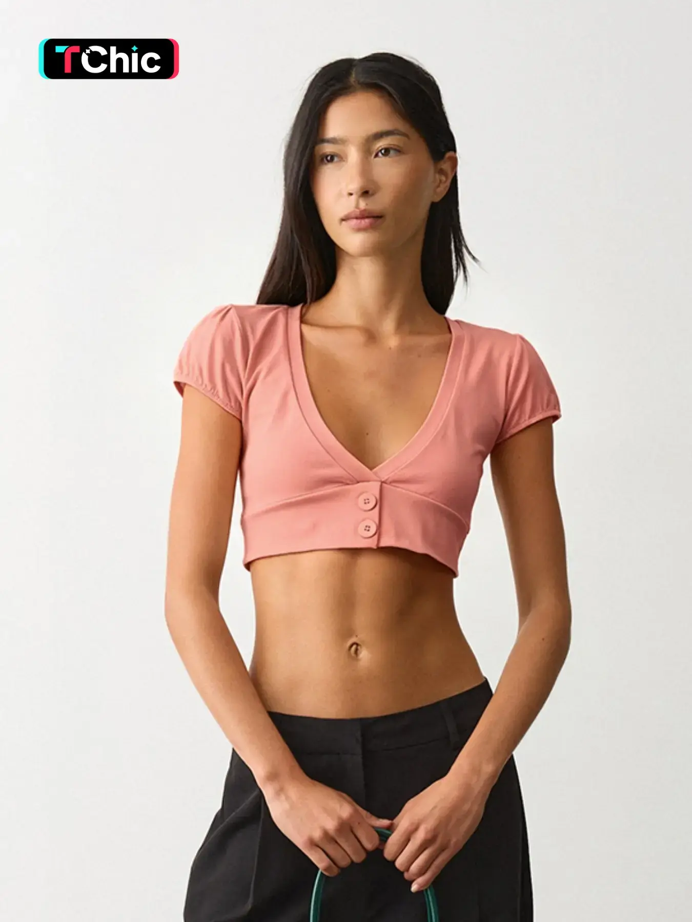 Women's Summer New Button Front Short T-Shirt, Buttons Tees, Casual Chic Streetwear Slim-Fit Plain Top, Daily Wear Essential, Y2K Style Fashion