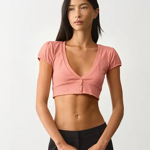 Women's Summer New Button Front Short T-Shirt, Buttons Tees, Casual Chic Streetwear Slim-Fit Plain Top, Daily Wear Essential, Y2K Style Fashion