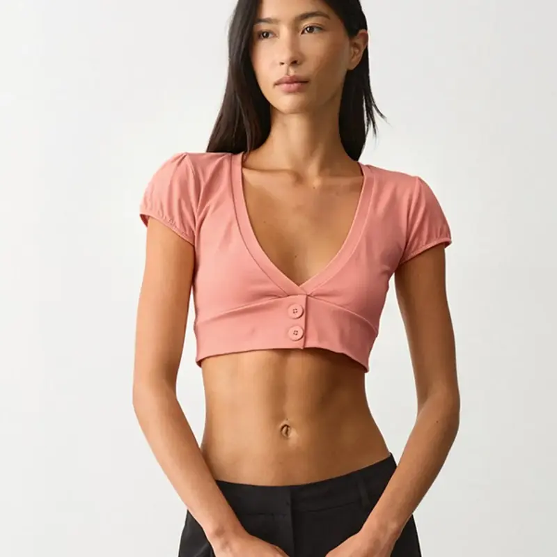 Women's Summer New Button Front Short T-Shirt, Buttons Tees, Casual Chic Streetwear Slim-Fit Plain Top, Daily Wear Essential, Y2K Style Fashion