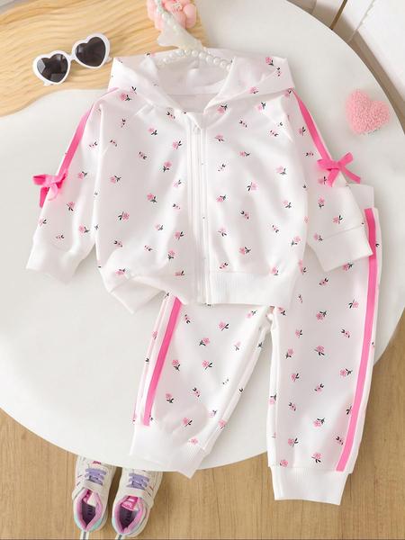 Girls Spring Autumn Floral Printed Hooded Zipper Jacket & Cuffed Long Pants Set, Toddler Cute Stylish Two-Piece for Girls, Baby Clothing
