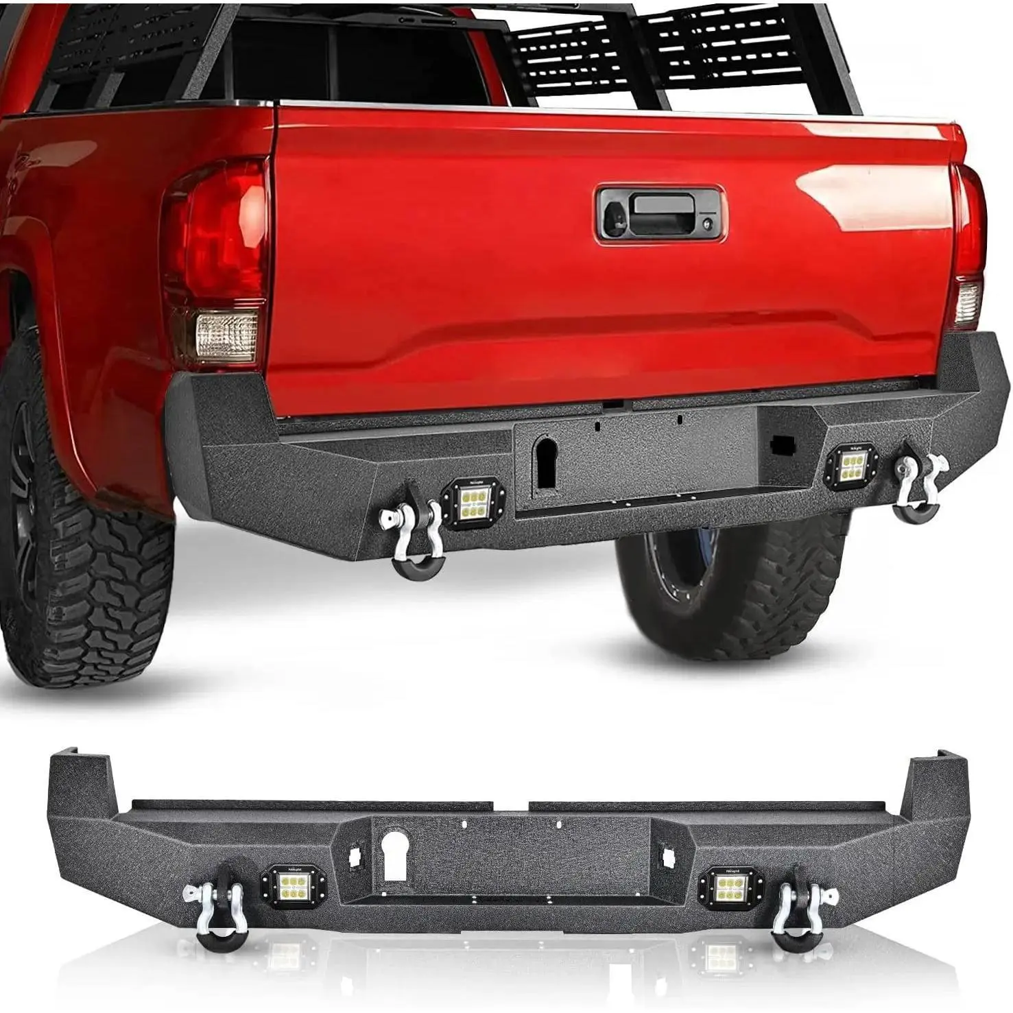 Nilight Metal Rear Bumper for 2016-2024 Toyota Tacoma, Full Width Textured Black Off-Road, with 2Pcs Upgraded 18W LED Lights, 2 x 4.75ton D-Ring Isolators, 2in x 0.120in Tubing, 5/32in Sheet