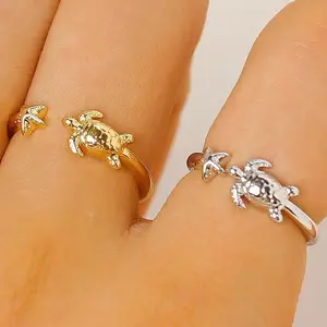 Gold Sea Turtle Open Ring, Starfish Adjustable Wrap Band, Minimalist Ocean Inspired Coastal Beach Mermaidcore Charm Jewelry