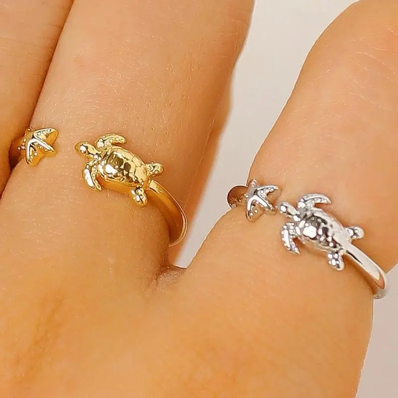 Gold Sea Turtle Open Ring, Starfish Adjustable Wrap Band, Minimalist Ocean Inspired Coastal Beach Mermaidcore Charm Jewelry