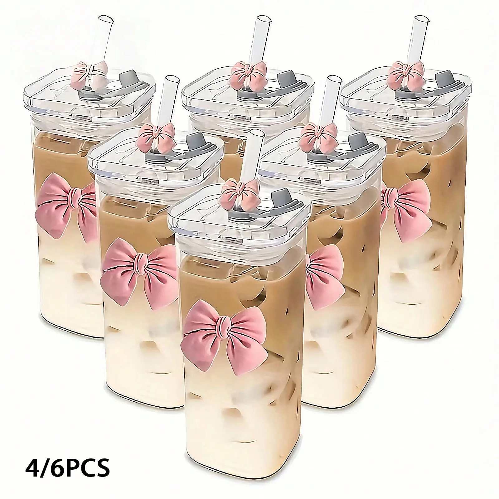 4/6 Pack Square Butterfly Glass Tumbler with Straw, Iced Coffee Cup, Collector Drinkware Gift, Glass Beverage Cup for Office, Home, School, Outdoor & Wedding