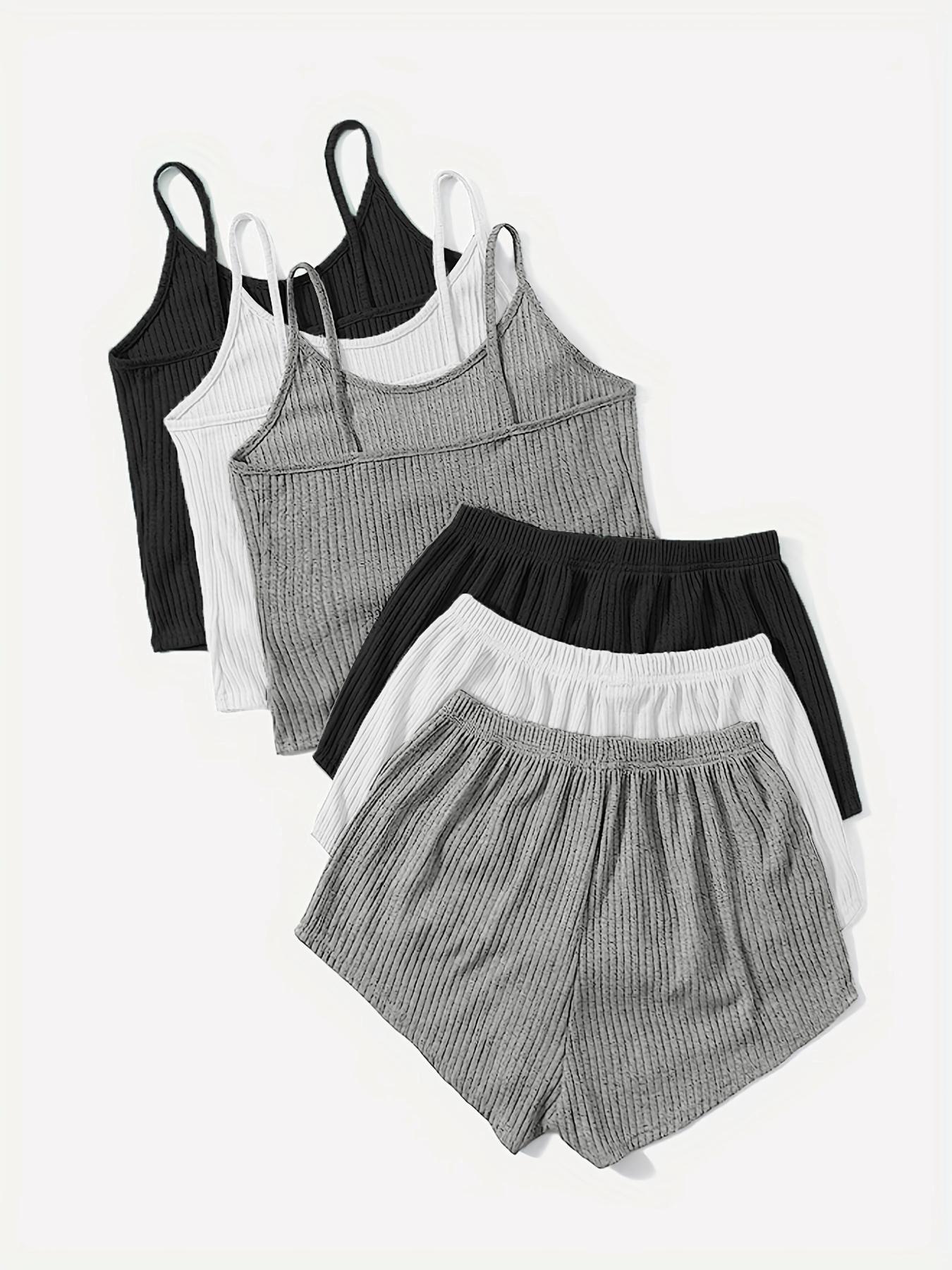 Six-Piece Set Women's Plain Basic Fitted Ribbed Shorts Set, Casual Soft Crop Spaghetti Strap Cami Top & Elastic Waist Shorts Set, Summer Clothes, Summer Outfits Set for Outdoor Holiday, Cute Summer Outfit
