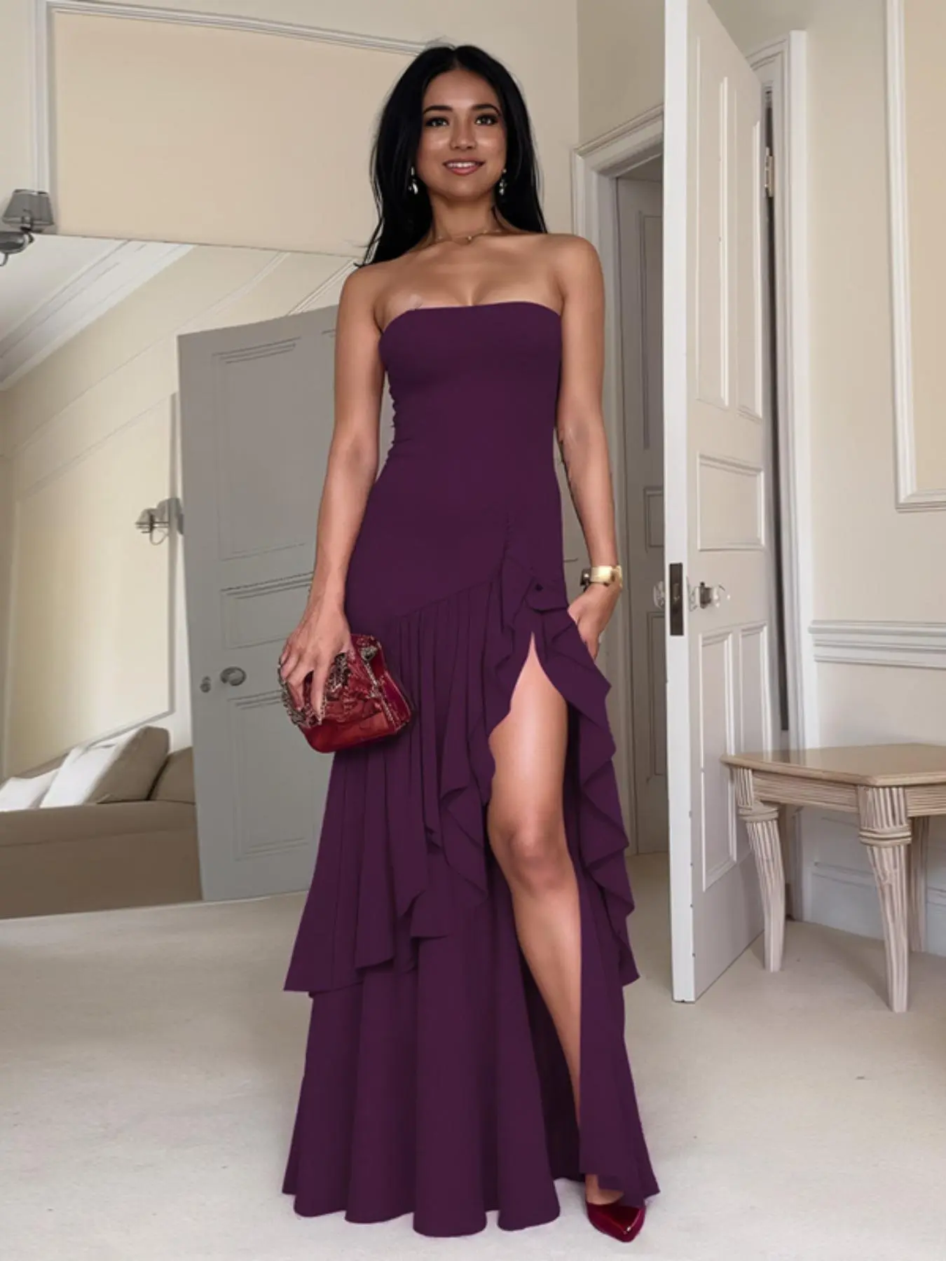 Women's Plain Split Thigh  Tube Dress, Elegant Strapless Dress for Party Club Dating Formal Wear, Ladies Summer Clothes, Elegant Party Apparel
