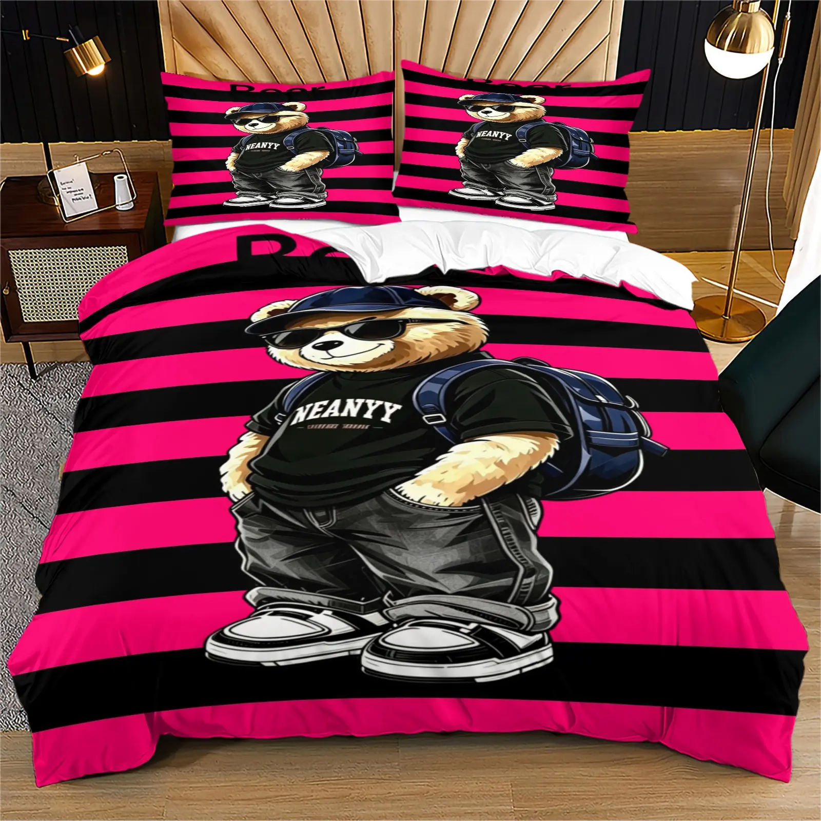 Trendy and fashionable teddy bear print pattern soft and durable bedding duvet cover set, including 1 duvet cover and 1 or 2 pillowcases, without duvet core and pillow core, suitable for children or adults as gifts, modern style fashionable bedroom bed de