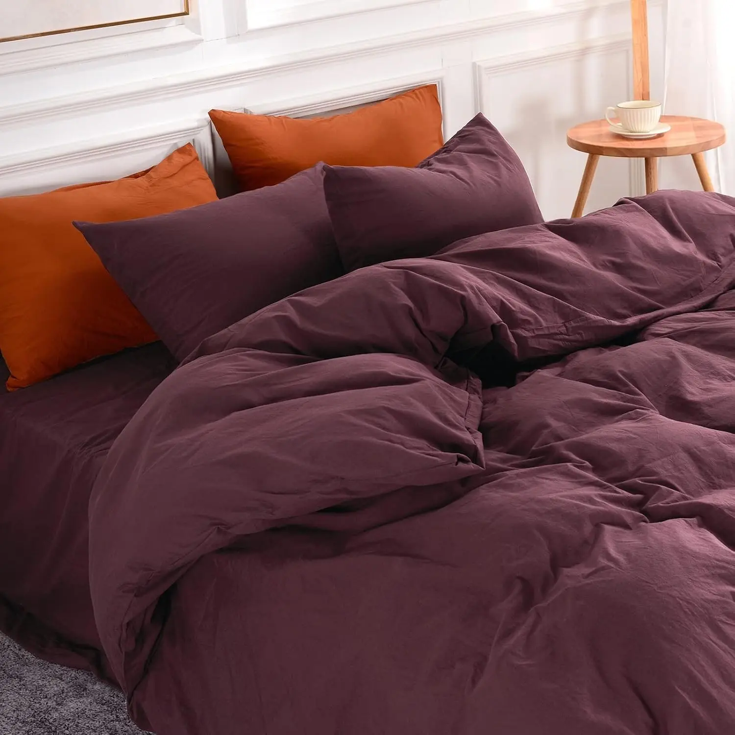 3-Piece Queen Size Duvet Cover Set - 100% Washed Cotton, Linen-Look Textured, Burgundy Dark Red, Breathable Soft Organic Natural Bedding with Zipper Closure (No Comforter), Three Pieces