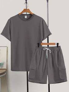 men's solid color tee & drawstring waist shorts loungewear two-piece set, regular fit breathable and soft casual comfy round neck short sleeve t-shirt & pocket shorts pj set, men's sleepwear for summer