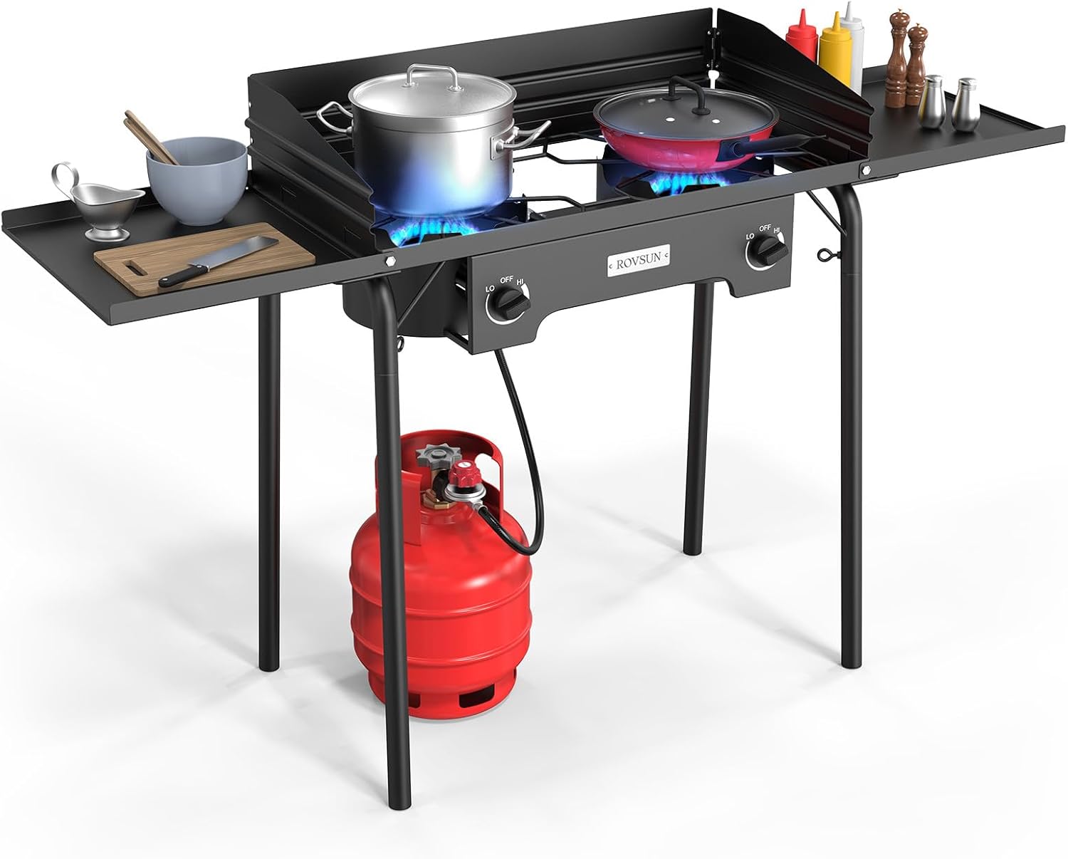 ROVSUN 2/3 Burner Propane Gas Stove with Side Shelf & Carrying Bag, 150,000/225,000BTU Outdoor Burner with Wind Panel & CSA Listed Regulator, Picnic Cooker for Home Patio Cooking Camping Brewing Turkey Frying