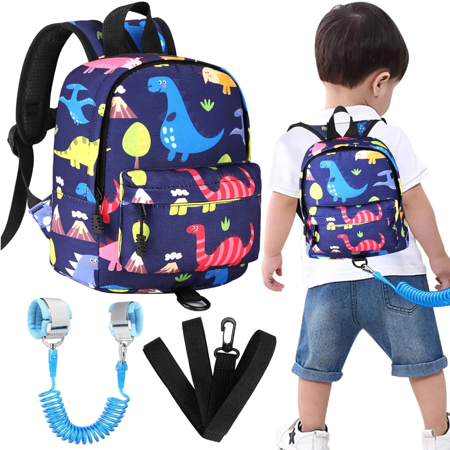 Toddler Backpack Leash with Anti Lost Wrist Link, Cute Mini Child Walking Harnesses Keep Kids Close Back Pack Rope Tether Rein for Baby Boys (Navy Blue/Dino)